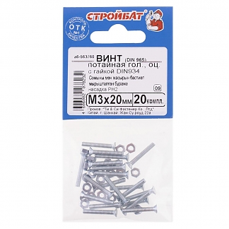 Винт потайной DIN 965 М 3х20 оцинк. с гайкой DIN 934 (20 шт)